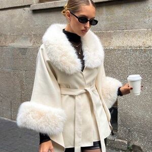 LOOKING LUXE Soft French Vanilla Fur-Trimmed Tie Waist Cape Coat M/L